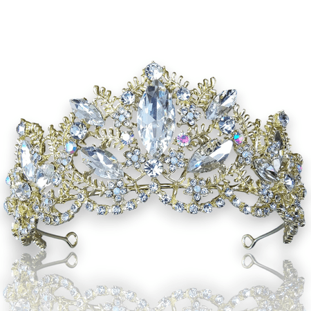 Elegancki Diadem ślubny, Tiara, Korona Złota z Cyrkoniami