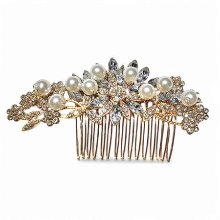 Złoty grzebyk do włosów, ślubny, z perłami, kamieniami i cyrkoniami