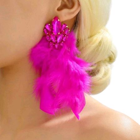 Kolczyki Ślubne Glamour z Kryształami i fuksjowymi Piórami, złoto