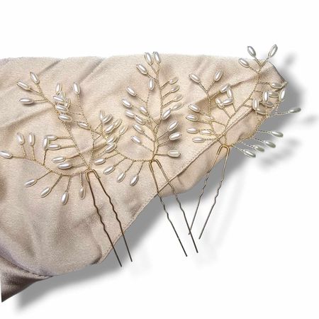 Eleganckie Złote Kokówki Ślubne w Stylu Boho z Białymi Koralikami, 3 sztuki