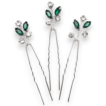 Szpilki, kokówki ślubne srebrne z kamieniem, butelkowa zieleń, 3 szt