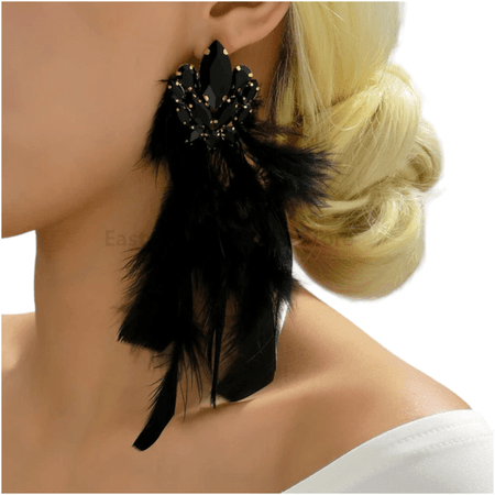 Kolczyki Ślubne Glamour z Kryształami i Piórami czarne, złoto