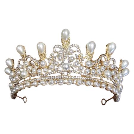Tiara, diadem ślubny, korona  złota z cyrkoniami i perłami