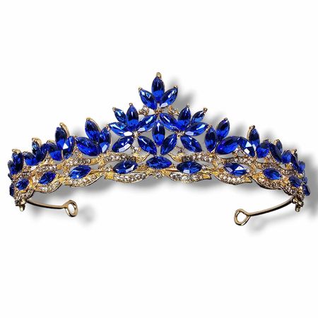 Diadem Ślubny złoty, tiara, korona z chabrowymi kamieniami i Cyrkoniami