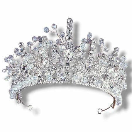 Tiara, diadem, korona w kolorze srebra z cyrkoniami, koralikami, ślubna