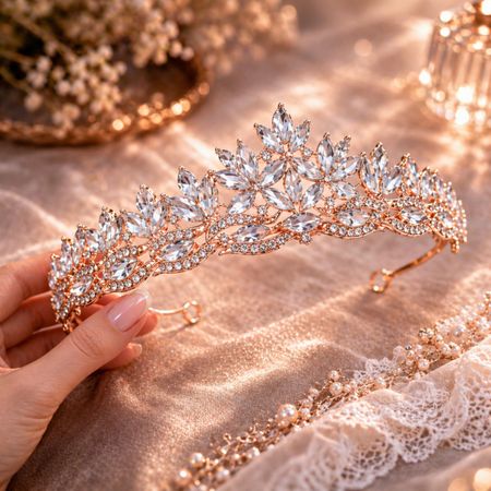 Diadem Ślubny różowe złoto, tiara, korona z cyrkoniami