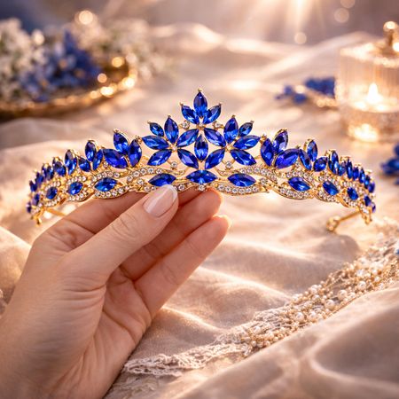 Diadem Ślubny Royal Blue – Złota Tiara z Kobaltowymi Cyrkoniami