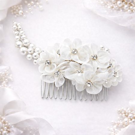 Grzebyk ślubny srebrny – ozdoba do włosów z perłami i kwiatami