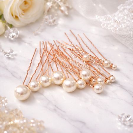 Kokówki ślubne do włosów z perłami różowe złoto (rose gold) – zestaw 17 szt.