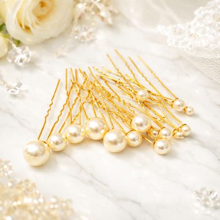 Złote kokówki ślubne z białymi perłami – zestaw 17 sztuk