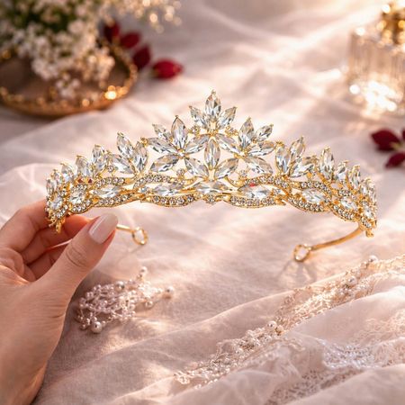 Korona ślubna złota z cyrkoniami – diadem tiara elegancka dla panny młodej