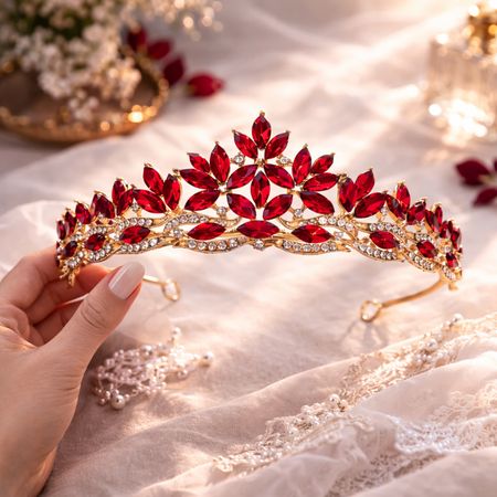 Złoty diadem ślubny z rubinowymi kryształami w odcieniu głębokiej czerwieni – luksusowa tiara premium