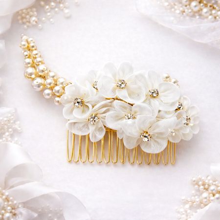 Złoty grzebyk ślubny do włosów z perłami i kwiatami